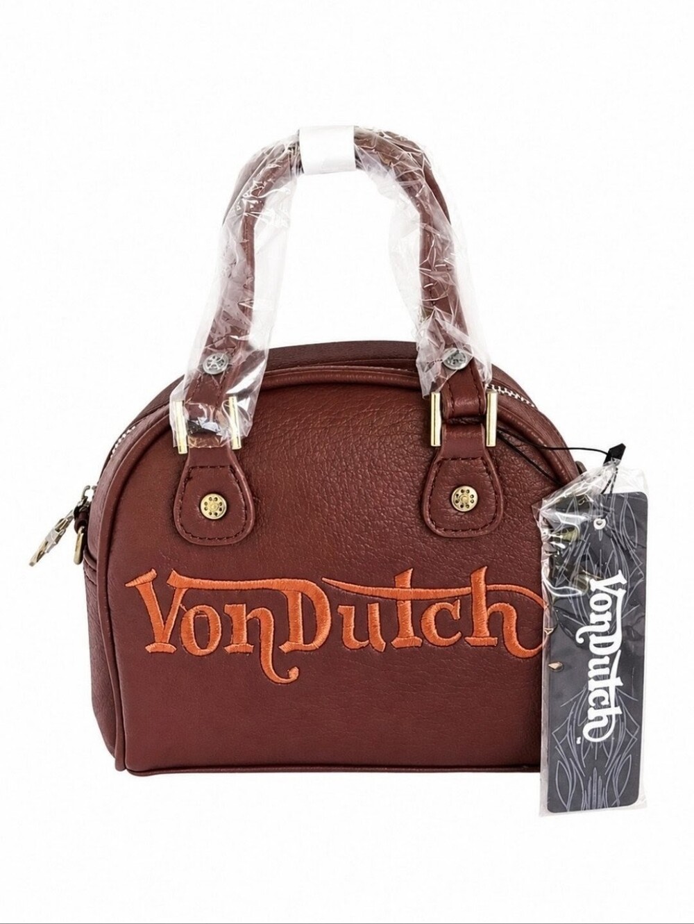 Von Dutch Chopper Cross Bowling Bag Brown Orange Y2K Mini Duffle Crossbody Purse